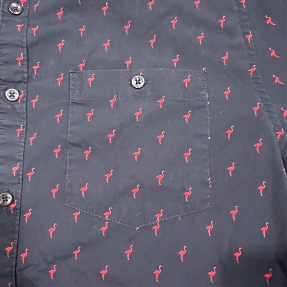 Denim & Flower Button Up Slim Fit Shirt Men's L Blue Flamingo Print Short Sleeve - Picture 2 of 12